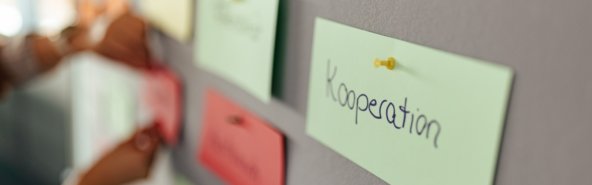 Mehrere Karteikarten wobei eine mit dem Wort Kooperation im Fokus ist.